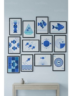 Tontilika 12 Parça Balık Figürlü Geometrik Minimal Dekoratif Çerçeve Görünümlü Tablo Seti