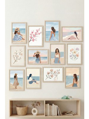Tontilika 12 Parça Soft Coastal Women Art 2 Renk Seçenekli Çerçeve Görünümlü Tablo Seti