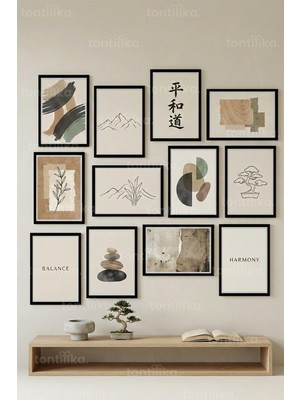 Tontilika 12 Parça Zen Minimal Doğa 2 Renk Seçenekli Dekoratif Çerçeve Görünümlü Tablo Seti