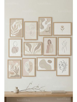 Tontilika 12 Parça Modern Abstract Line Art 2 Renk Seçenekli Çerçeve Görünümlü Tablo Seti