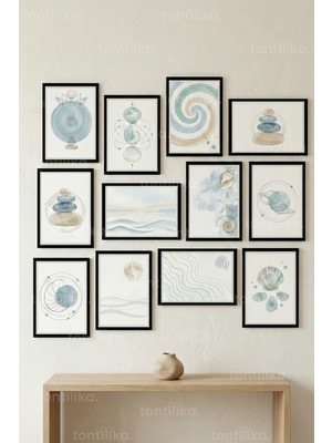 Tontilika 12 Parça Deniz Formları 2 Renk Seçenekli Dekoratif Çerçeve Görünümlü Tablo Seti