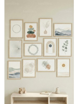 Tontilika 12 Parça Minimal Soyut Doğa Dekoratif Çerçeve Görünümlü Tablo Seti