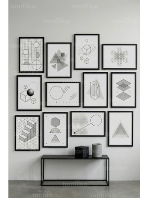 Tontilika 12 Parça Sade Geometrik Çizimler 2 Renk Seçenekli Dekoratif Çerçeve Görünümlü Tablo Seti