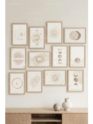 Tontilika 12 Parça Ay ve Güneş Minimal 2 Renk Seçenekli Dekoratif Çerçeve Görünümlü Tablo Seti