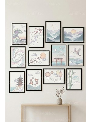 Tontilika 12 Parça Uzak Doğu Manzara ve Sembol 2 Renk Seçenekli Dekoratif Çerçeve Görünümlü Tablo Seti