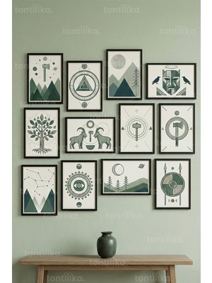 Tontilika 12 Parça Nordic Mitoloji 2 Renk Seçenekli Dekoratif Çerçeve Görünümlü Tablo Seti
