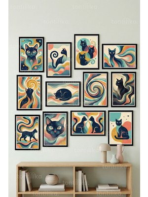 Tontilika 12 Parça Renkli Soyut Kedi Figürleri 2 Renk Seçenekli Dekoratif Çerçeve Görünümlü Tablo Seti
