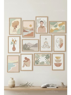 Tontilika 12 Parça Figüratif Doğa 2 Renk Seçenekli Dekoratif Çerçeve Görünümlü Tablo Seti