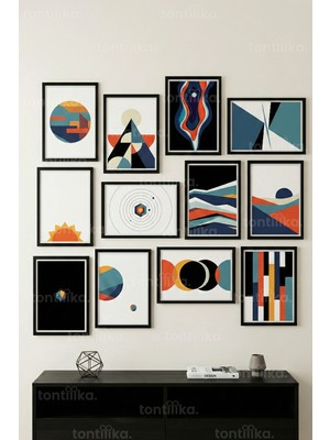 Tontilika 12 Parça Modern Soyut Geometrik 2 Renk Seçenekli Dekoratif Çerçeve Görünümlü Tablo Seti