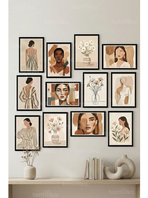 Tontilika 12 Parça Abstract Female & Floral Art 2 Renk Seçenekli Çerçeve Görünümlü Tablo Seti
