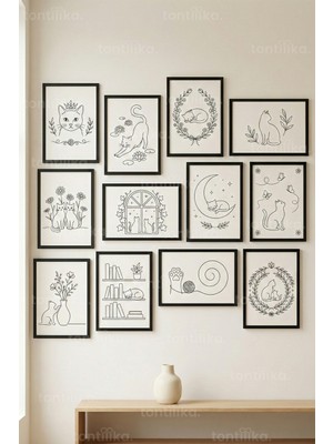 Tontilika 12 Parça Minimal Kedi Çizimi 2 Renk Seçenekli Dekoratif Çerçeve Görünümlü Tablo Seti