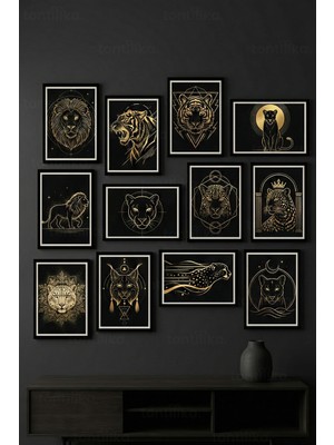 Tontilika 12 Parça Altın Siyah Vahşi Hayvanlar 2 Renk Seçenekli Dekoratif Çerçeve Görünümlü Tablo Seti