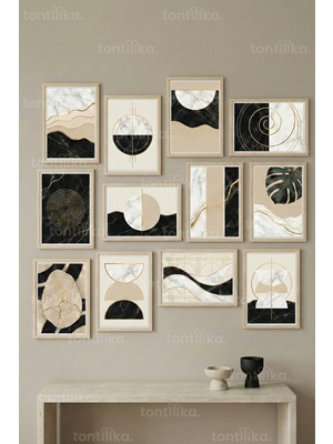 Tontilika 12 Parça Modern Soyut Geometrik 2 Renk Seçenekli Dekoratif Çerçeve Görünümlü Tablo Seti