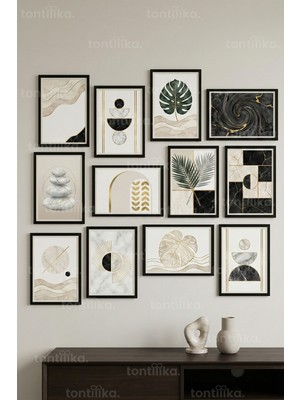 Tontilika 12 Parça Geometrik Bitki Motifleri 2 Renk Seçenekli Dekoratif Çerçeve Görünümlü Tablo Seti