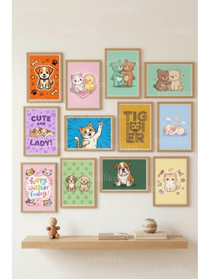 Tontilika 12 Parça Cute Animals Çizim 2 Renk Seçenekli Çerçeve Görünümlü Tablo Seti