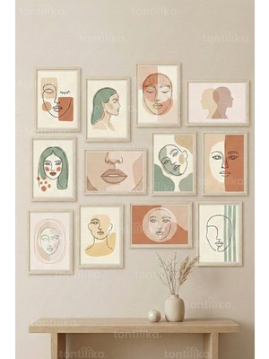 Tontilika 12 Parça Soyut Yüz Çizimleri 2 Renk Seçenekli Dekoratif Çerçeve Görünümlü Tablo Seti