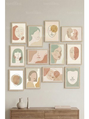 Tontilika 12 Parça Minimal Yüz Figürleri 2 Renk Seçenekli Dekoratif Çerçeve Görünümlü Tablo Seti