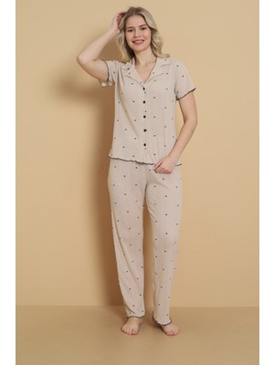 Wordex Mrn 1712 Minik Kalp Desenli Pointel Ince Kumaş Düğmeli Kısa Kollu Kadın Pijama Takımı