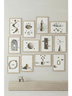 Tontilika 12 Parça Sürreal Geometrik Formlar 2 Renk Seçenekli Dekoratif Çerçeve Görünümlü Tablo Seti