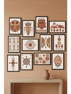 Tontilika 12 Parça Tribal Figürlü Geometrik Dekoratif Çerçeve Görünümlü Tablo Seti