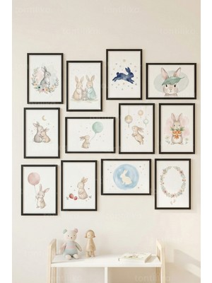 Tontilika 12 Parça Tavşan Figürlü Pastel Illüstrasyon Dekoratif Çerçeve Görünümlü Tablo Seti