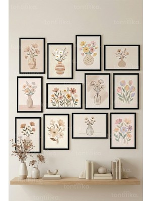 Tontilika 12 Parça Soft Floral Illustration 2 Renk Seçenekli Çerçeve Görünümlü Tablo Seti