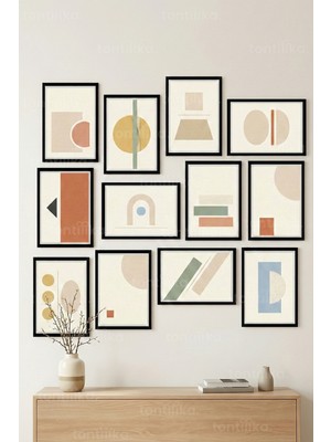 Tontilika 12 Parça Minimal Geometrik Formlar 2 Renk Seçenekli Dekoratif Çerçeve Görünümlü Tablo Seti