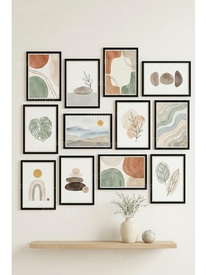 Tontilika 12 Parça Sade Geometrik Yapraklar 2 Renk Seçenekli Dekoratif Çerçeve Görünümlü Tablo Seti