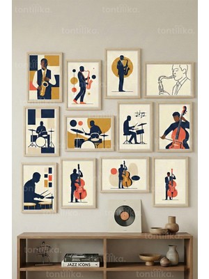 Tontilika 12 Parça Caz Müzik 2 Renk Seçenekli Dekoratif Çerçeve Görünümlü Tablo Seti
