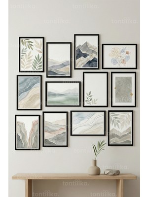 Tontilika 12 Parça Sade Doğa ve Yapraklar 2 Renk Seçenekli Dekoratif Çerçeve Görünümlü Tablo Seti