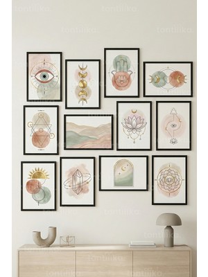 Tontilika 12 Parça Mistik Sembol ve Lotus 2 Renk Seçenekli Dekoratif Çerçeve Görünümlü Tablo Seti