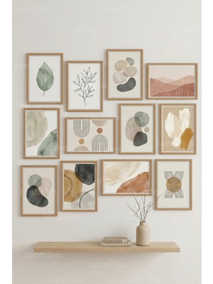 Tontilika 12 Parça Soyut Doğal Formlar 2 Renk Seçenekli Dekoratif Çerçeve Görünümlü Tablo Seti