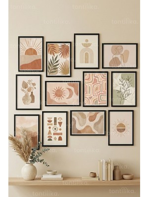 Tontilika 12 Parça Boho Botanik Geometrik 2 Renk Seçenekli Çerçeve Görünümlü Tablo Seti