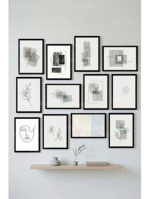 Tontilika 12 Parça Sade Geometrik Çizgi ve Yapraklar 2 Renk Seçenekli Dekoratif Çerçeve Görünümlü Tablo Seti