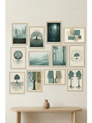 Tontilika 12 Parça Yaşam Ağacı 2 Renk Seçenekli Dekoratif Çerçeve Görünümlü Tablo Seti