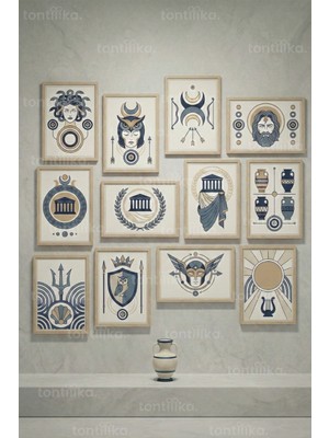 Tontilika 12 Parça Antik Mitoloji 2 Renk Seçenekli Dekoratif Çerçeve Görünümlü Tablo Seti