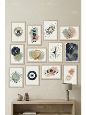 Tontilika 12 Parça Kozmik Semboller 2 Renk Seçenekli Dekoratif Çerçeve Görünümlü Tablo Seti