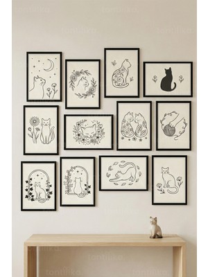 Tontilika 12 Parça Minimalist Kedi Illüstrasyonlu Dekoratif Çerçeve Görünümlü Tablo Seti