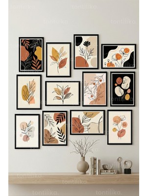 Tontilika 12 Parça Botanik Soyut 2 Renk Seçenekli Dekoratif Çerçeve Görünümlü Tablo Seti