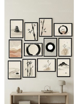Tontilika 12 Parça Zen Minimal 2 Renk Seçenekli Dekoratif Çerçeve Görünümlü Tablo Seti