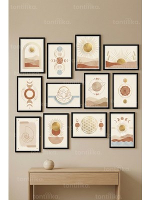 Tontilika 12 Parça Manevi Geometrik Semboller 2 Renk Seçenekli Dekoratif Çerçeve Görünümlü Tablo Seti
