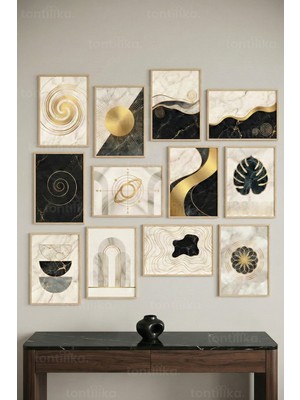 Tontilika 12 Parça Siyah Mermer Gold Detaylı Dekoratif Çerçeve Görünümlü Tablo Seti