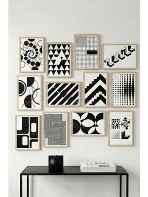 Tontilika 12 Parça Siyah Beyaz Geometrik 2 Renk Seçenekli Dekoratif Çerçeve Görünümlü Tablo Seti