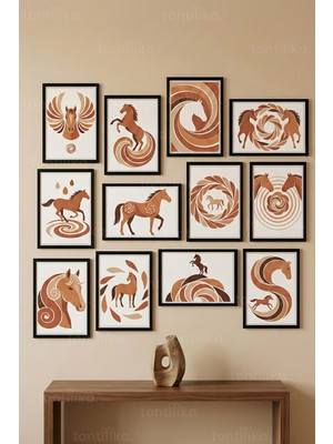 Tontilika 12 Parça At Figürlü Minimal Illüstrasyon Dekoratif Çerçeve Görünümlü Tablo Seti
