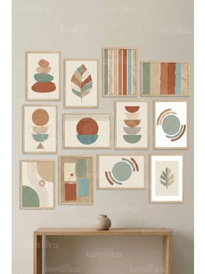 Tontilika 12 Parça Retro Geometrik 2 Renk Seçenekli Dekoratif Çerçeve Görünümlü Tablo Seti