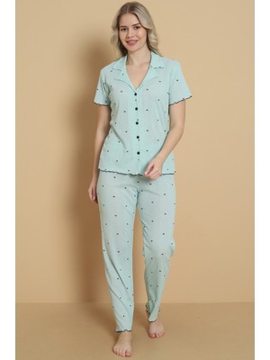 Wordex Mrn 1712 Minik Kalp Desenli Pointel Ince Kumaş Düğmeli Kısa Kollu Kadın Pijama Takımı