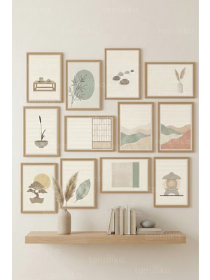 Tontilika 12 Parça Zen Minimal Objeler 2 Renk Seçenekli Dekoratif Çerçeve Görünümlü Tablo Seti