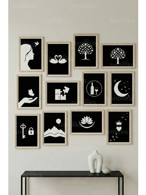 Tontilika 12 Parça Siyah Beyaz Sembolik Dekoratif Çerçeve Görünümlü Tablo Seti