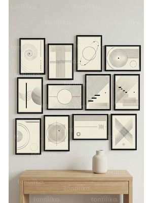 Tontilika 12 Parça Sade Geometrik Çizgiler 2 Renk Seçenekli Dekoratif Çerçeve Görünümlü Tablo Seti