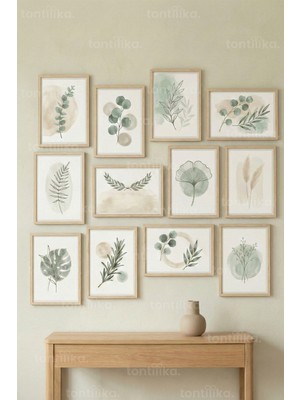 Tontilika 12 Parça Soft Botanik 2 Renk Seçenekli Dekoratif Çerçeve Görünümlü Tablo Seti